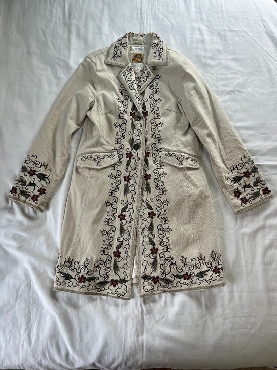 paparazzi Jackets & Blazers - Paparazzi Beige Floral Embroidered Boho Button Down Long Jacket | Size L
